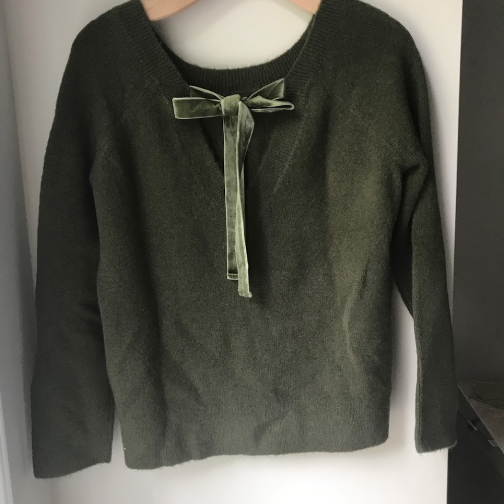 J.Crew Olive V Back Sweater with velvet tie sz S